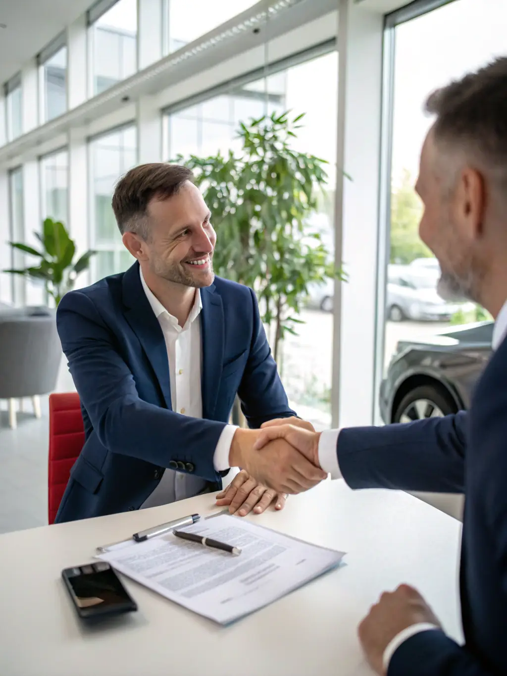A customer smiling and shaking hands with a prixmaxleasing representative in front of an exotic car, showcasing the personalized service.