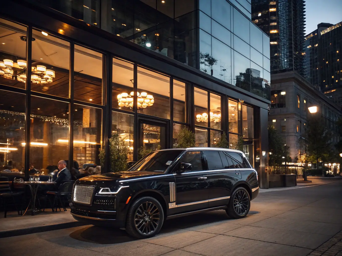 An image of a person confidently stepping out of an exotic car in front of a high-end restaurant, conveying a sense of luxury and success.