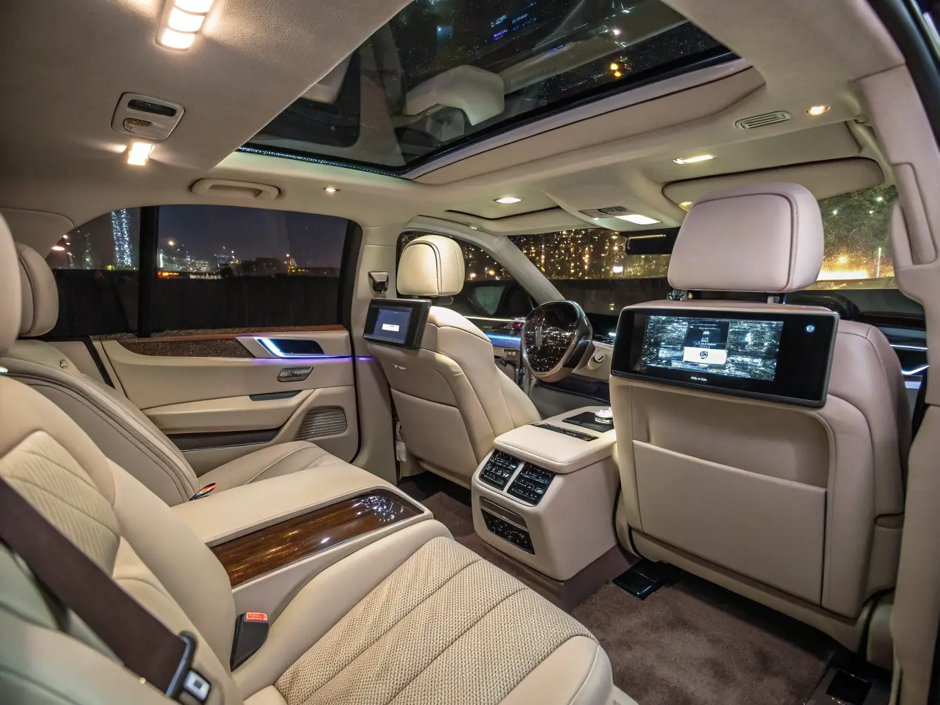 An image of a luxury car's interior, focusing on the high-end materials and advanced technology, highlighting comfort and sophistication.