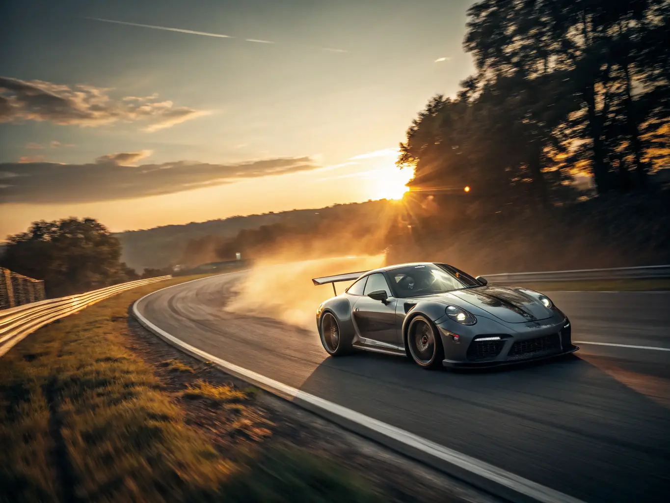 An image showcasing a luxury sports car speeding along a coastal highway at sunset, emphasizing freedom and exhilaration.