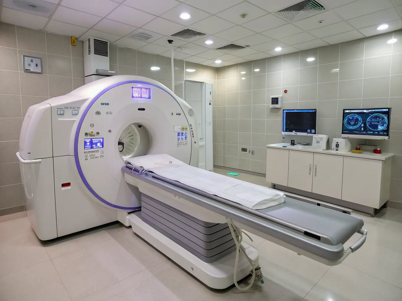 A high-tech piece of medical equipment in a clean, modern hospital setting, representing specialized equipment leasing.