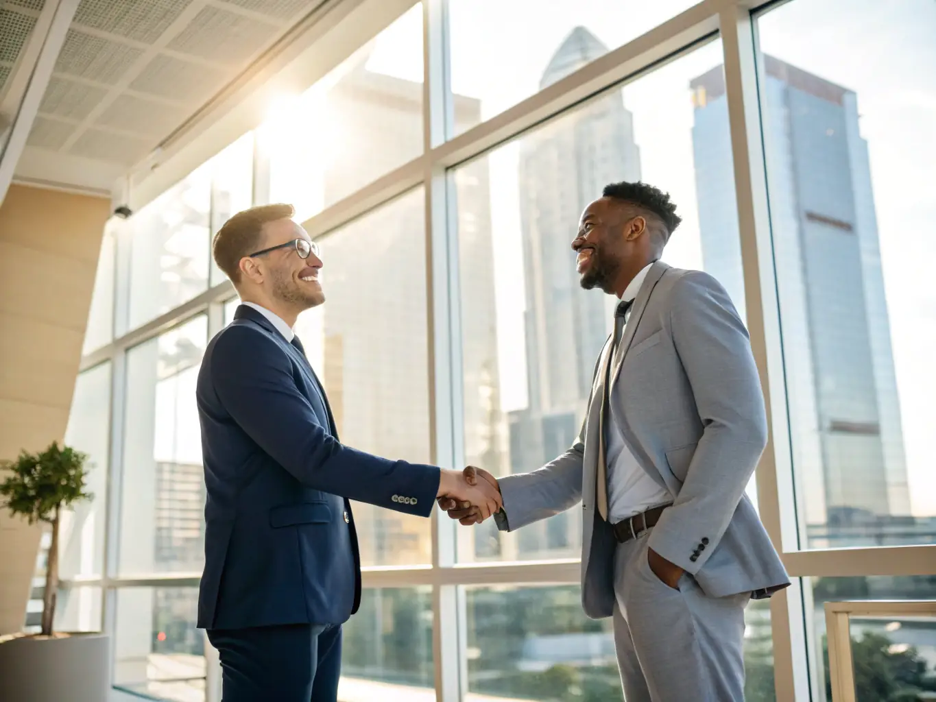 A professional businessman handing over car keys to another professional businessman, both smiling and shaking hands, in front of a modern office building, symbolizing a smooth and successful lease transfer facilitated by Maxim Leasing.